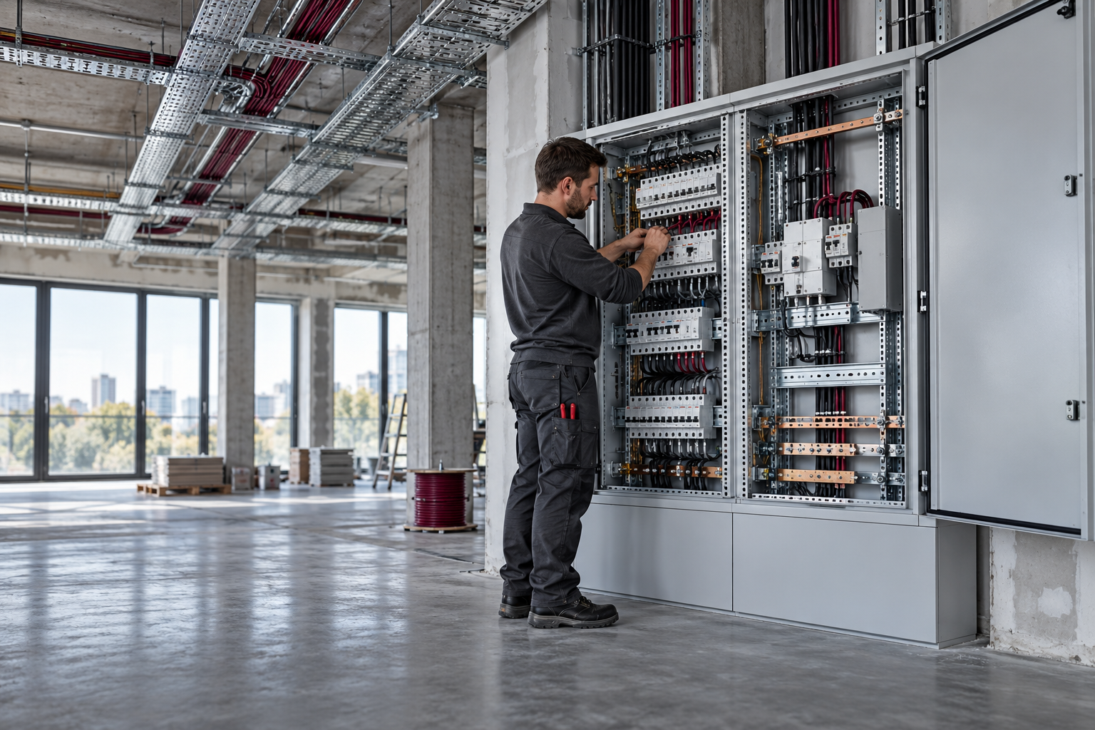 Elektroinstallation an einer Verteilung im gewerblichen Ausbau