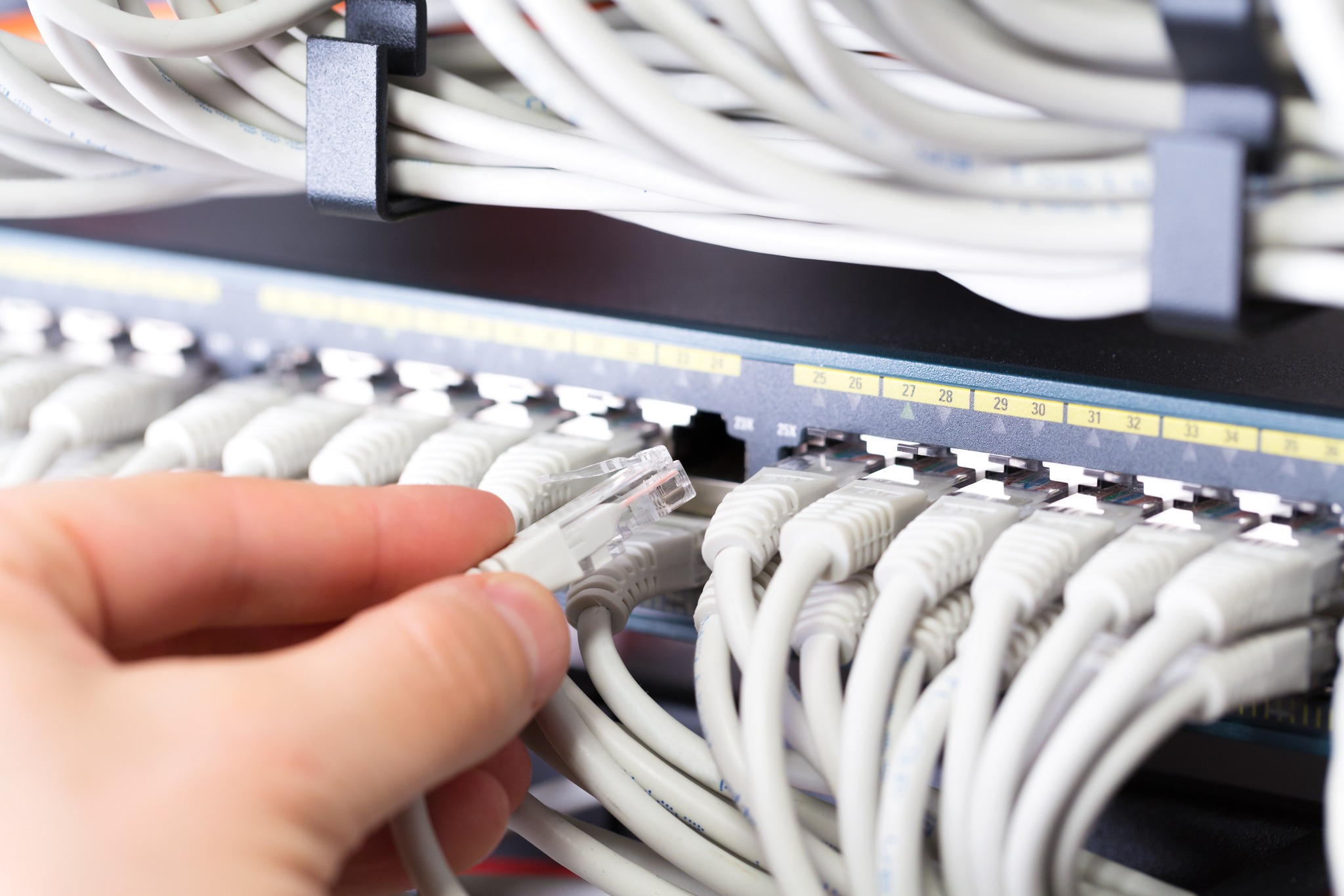Anschluss eines Netzwerkkabels am Patchfeld