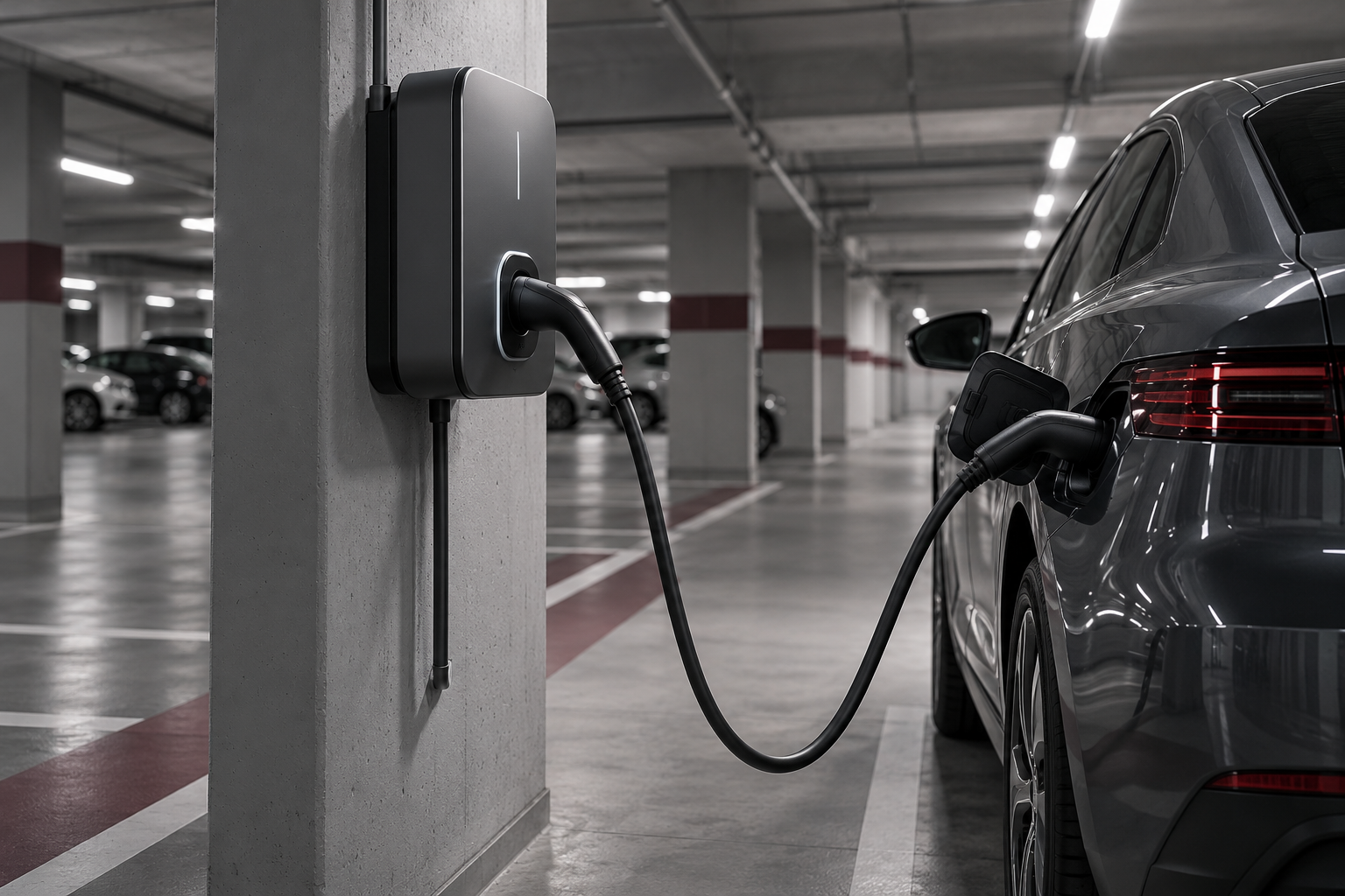 Symbolmotiv einer Wallbox mit Elektroauto in einer Tiefgarage